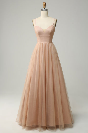 Champagne A Line Spaghetti Straps Long Ball Dress